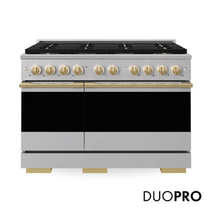 ZLINE Marino Autograph Edition 48-Inch 6.7 cu. ft. Gas Range, 8 Brass Burner DuoPro™ Cooktop, Double Oven, Convection Oven, Reversible Griddle, Stainless Steel with Polished Gold Accents, PMGRZ-48-G