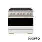 ZLINE Autograph 36 in. 5.2 cu. ft. Marino Gas Range with 6 Burner DuoPro™ Cooktop and Gas Oven with White Matte Door and Champagne Bronze Accents, PMGRZ-WM-36-CB - Front Hero View with Logo