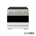 ZLINE Autograph 36 in. 5.2 cu. ft. Marino Gas Range with 6 Burner DuoPro™ Cooktop and Gas Oven with White Matte Door and Champagne Bronze Accents, PMGRZ-WM-36-CB - Front Hero View with Logo