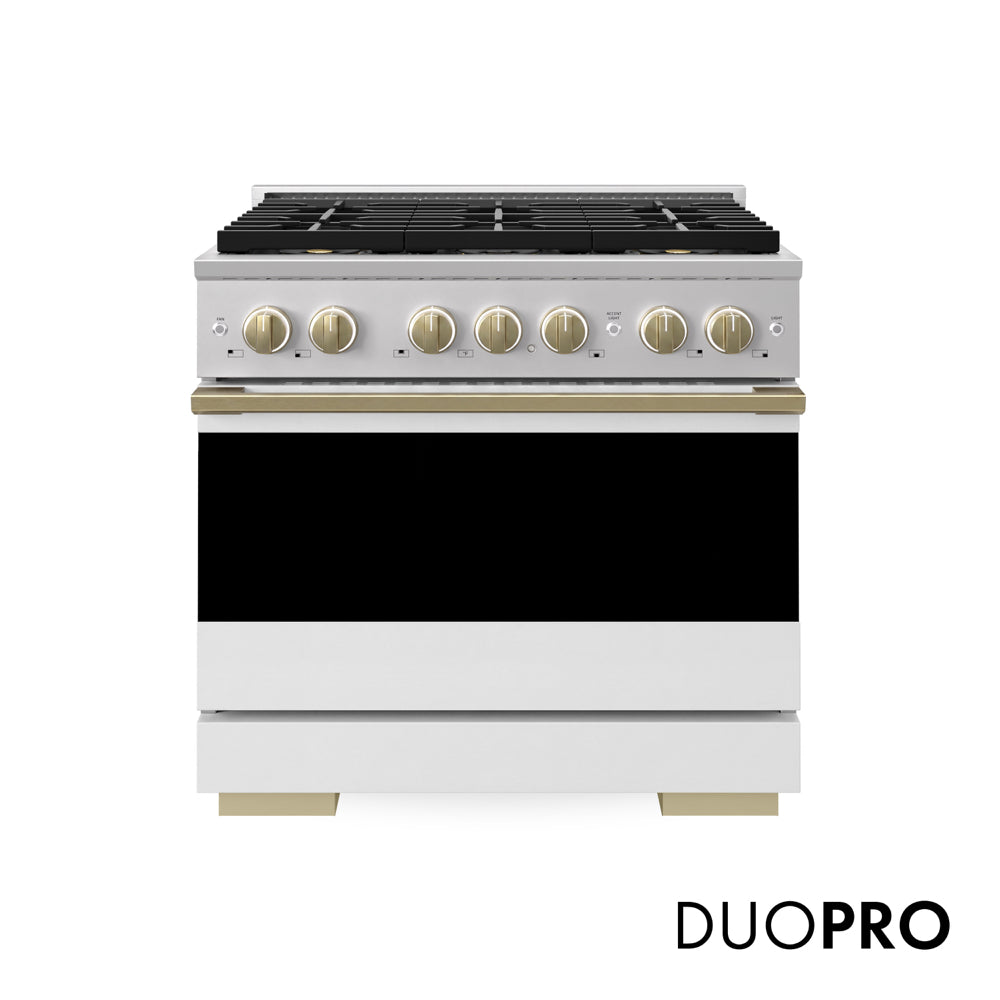 ZLINE Autograph 36 in. 5.2 cu. ft. Marino Gas Range with 6 Burner DuoPro™ Cooktop and Gas Oven with White Matte Door and Champagne Bronze Accents, PMGRZ-WM-36-CB - Front Hero View with Logo