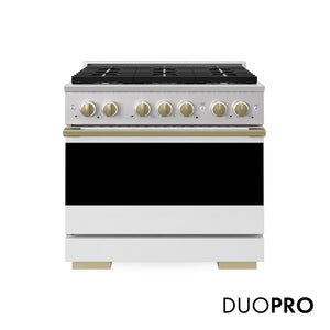 ZLINE Autograph 36 in. 5.2 cu. ft. Marino Gas Range with 6 Burner DuoPro™ Cooktop and Gas Oven with White Matte Door and Champagne Bronze Accents, PMGRZ-WM-36-CB - Front Hero View with Logo