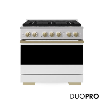ZLINE Autograph 36 in. 5.2 cu. ft. Marino Gas Range with 6 Burner DuoPro™ Cooktop and Gas Oven with White Matte Door and Champagne Bronze Accents, PMGRZ-WM-36-CB - Front Hero View with Logo