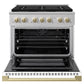 ZLINE Autograph 36 in. 5.2 cu. ft. Marino Gas Range with 6 Burner DuoPro™ Cooktop and Gas Oven with White Matte Door and Champagne Bronze Accents, PMGRZ-WM-36-CB - Front View with Oven Door Open