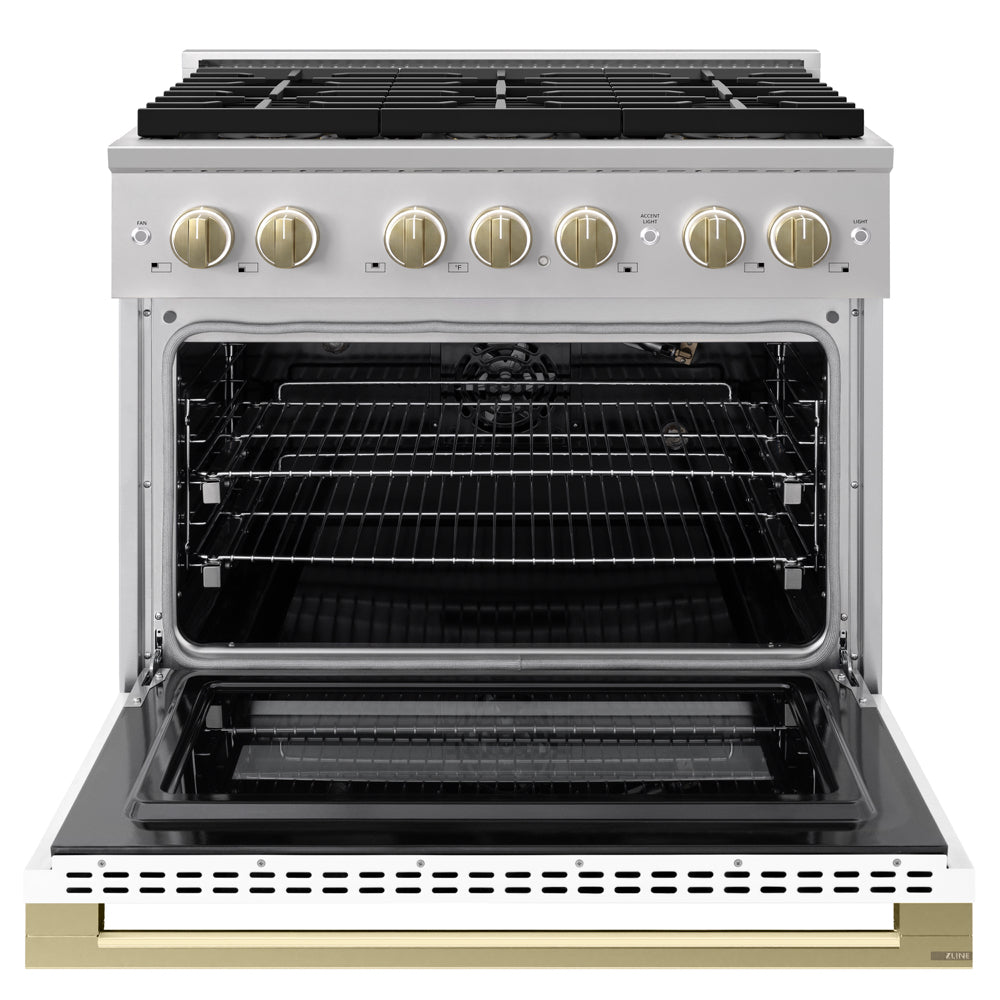 ZLINE Autograph 36 in. 5.2 cu. ft. Marino Gas Range with 6 Burner DuoPro™ Cooktop and Gas Oven with White Matte Door and Champagne Bronze Accents, PMGRZ-WM-36-CB - Front View with Oven Door Open