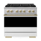 ZLINE Autograph 36 in. 5.2 cu. ft. Marino Gas Range with 6 Burner DuoPro™ Cooktop and Gas Oven with White Matte Door and Champagne Bronze Accents, PMGRZ-WM-36-CB - Front View