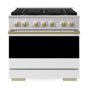 ZLINE Autograph 36 in. 5.2 cu. ft. Marino Gas Range with 6 Burner DuoPro™ Cooktop and Gas Oven with White Matte Door and Champagne Bronze Accents, PMGRZ-WM-36-CB - Front View