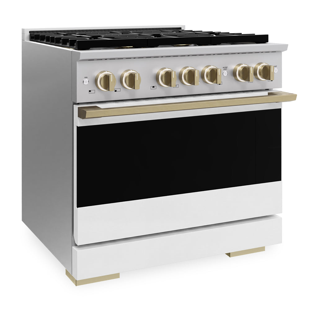 ZLINE Autograph 36 in. 5.2 cu. ft. Marino Gas Range with 6 Burner DuoPro™ Cooktop and Gas Oven with White Matte Door and Champagne Bronze Accents, PMGRZ-WM-36-CB - Side View