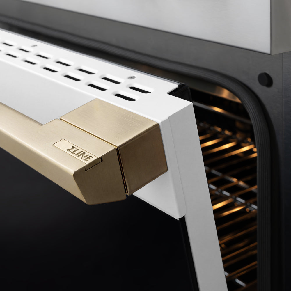 ZLINE Autograph 48 in. 6.7 cu. ft. Marino Gas Range with 8 Burner DuoPro™ Cooktop and Dual Ovens with White Matte Doors and Champagne Bronze Accents, PMGRZ-WM-48-CB - Handle Detail
