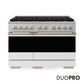 ZLINE Autograph 48 in. 6.7 cu. ft. Marino Gas Range with 8 Burner DuoPro™ Cooktop and Dual Ovens with White Matte Doors and Champagne Bronze Accents, PMGRZ-WM-48-CB - Front Hero View with Logo
