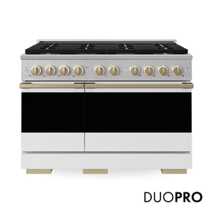 ZLINE Autograph 48 in. 6.7 cu. ft. Marino Gas Range with 8 Burner DuoPro™ Cooktop and Dual Ovens with White Matte Doors and Champagne Bronze Accents, PMGRZ-WM-48-CB - Front Hero View with Logo