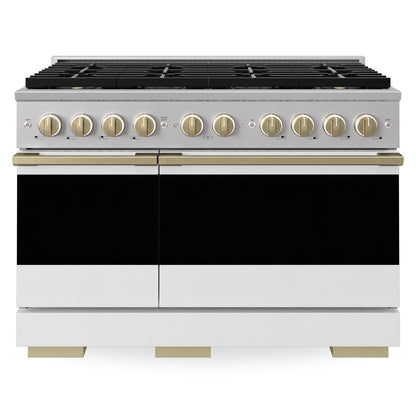 ZLINE Autograph 48 in. 6.7 cu. ft. Marino Gas Range with 8 Burner DuoPro™ Cooktop and Dual Ovens with White Matte Doors and Champagne Bronze Accents, PMGRZ-WM-48-CB - Front View
