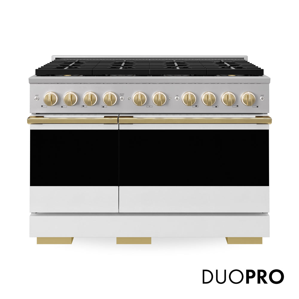 ZLINE Autograph 48 in. 6.7 cu. ft. Marino Gas Range with 8 Burner DuoPro™ Cooktop and Dual Ovens with White Matte Doors and Polished Gold Accents, PMGRZ-WM-48-G - Front Hero View