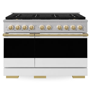 ZLINE Autograph 48 in. 6.7 cu. ft. Marino Gas Range with 8 Burner DuoPro™ Cooktop and Dual Ovens with White Matte Doors and Polished Gold Accents, PMGRZ-WM-48-G - Front View
