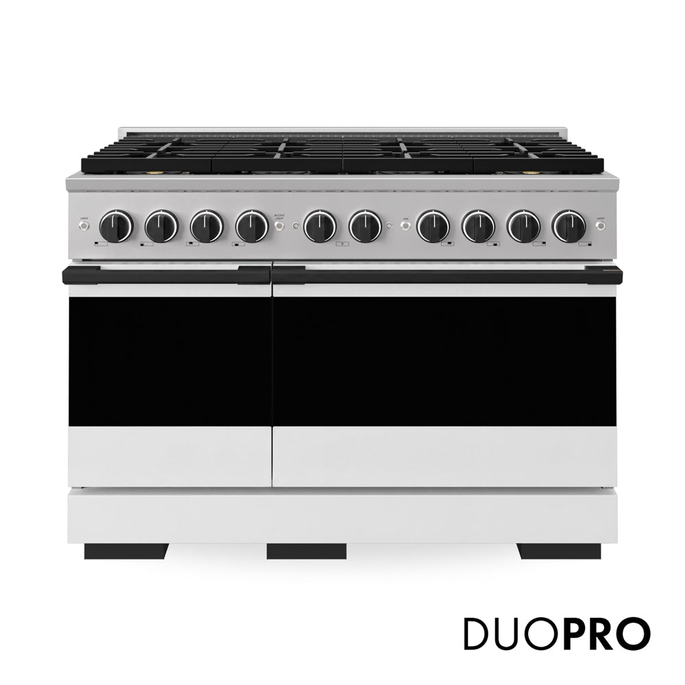 ZLINE Autograph 48 in. 6.7 cu. ft. Marino Gas Range with 8 Burner DuoPro™ Cooktop and Dual Ovens with White Matte Doors and Matte Black Accents, PMGRZ-WM-48-MB - Front Hero View with Logo