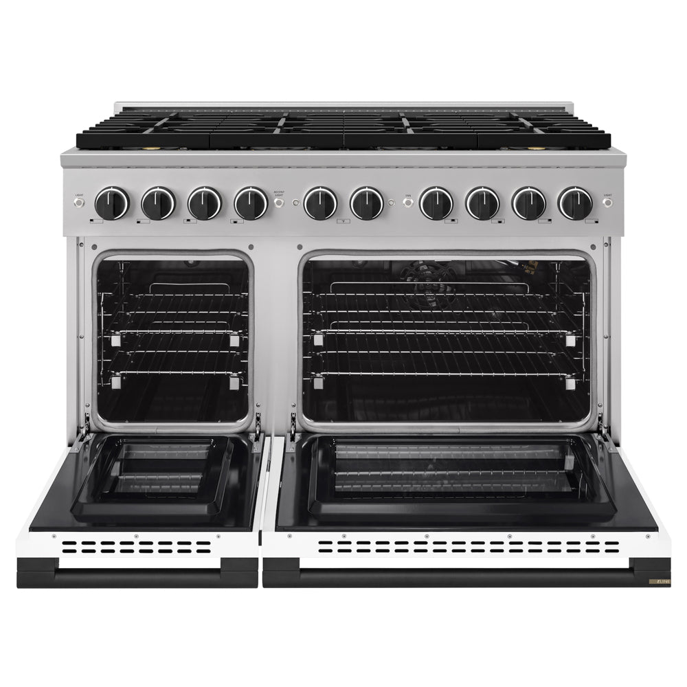 ZLINE Autograph 48 in. 6.7 cu. ft. Marino Gas Range with 8 Burner DuoPro™ Cooktop and Dual Ovens with White Matte Doors and Matte Black Accents, PMGRZ-WM-48-MB - Front View with Oven Door Open