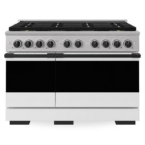 ZLINE Autograph 48 in. 6.7 cu. ft. Marino Gas Range with 8 Burner DuoPro™ Cooktop and Dual Ovens with White Matte Doors and Matte Black Accents, PMGRZ-WM-48-MB - Front View