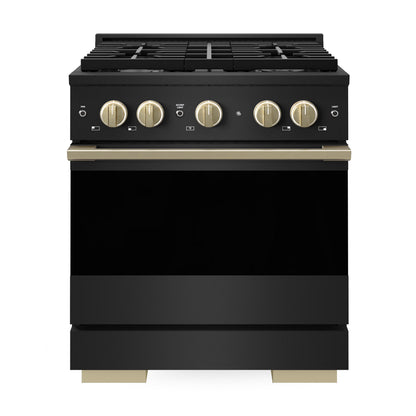 ZLINE Marino Autograph Edition 30-Inch 4.2 cu. ft. Gas Range, 4 Brass Burners, Convection Oven, Black Stainless Steel with Champagne Bronze Accents, MGRBZ-30-CB