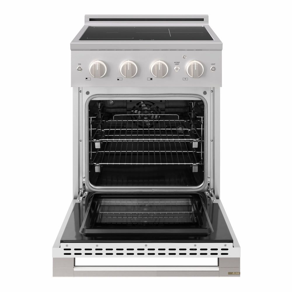 ZLINE 24 in. 3.2 cu. ft. Marino Induction Range with 3 Element Cooktop and Electric Convection Oven in Stainless Steel with White Matte Door, MINR-WM-24 - Front View with Oven Door Open