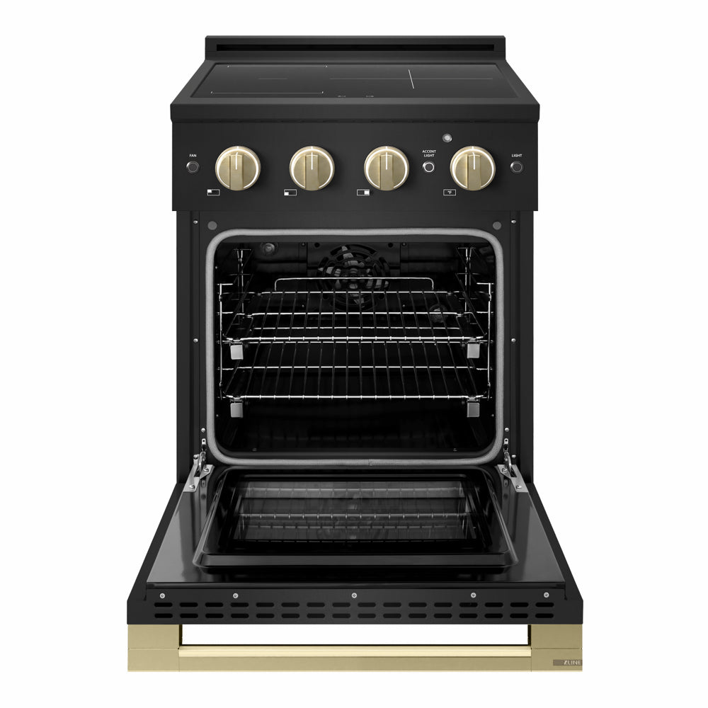 ZLINE Autograph 24 in. 3.2 cu. ft. Marino Induction Range with 3 Element Cooktop and Electric Convection Oven in Black Stainless Steel with Champagne Bronze Accents, MINRBZ-24-CB - Front View with Oven Door Open