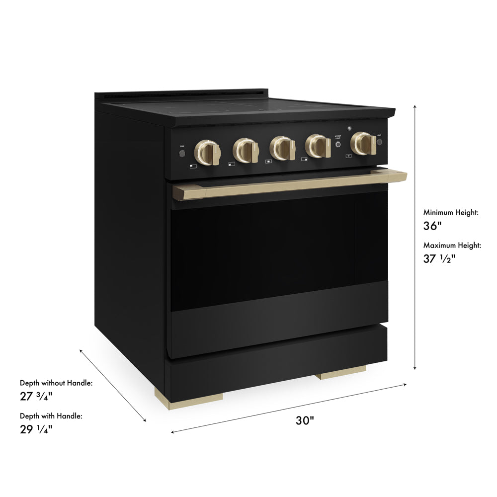 ZLINE Autograph 30 in. 4.2 cu. ft. Marino Induction Range with 4 Element Cooktop and Electric Convection Oven in Black Stainless Steel with Champagne Bronze Accents, MINRBZ-30-CB - Dimensions Diagram