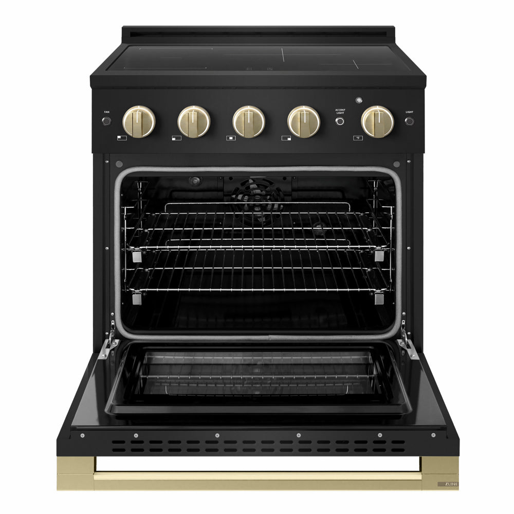 ZLINE Autograph 30 in. 4.2 cu. ft. Marino Induction Range with 4 Element Cooktop and Electric Convection Oven in Black Stainless Steel with Champagne Bronze Accents, MINRBZ-30-CB - Front View with Oven Door Open