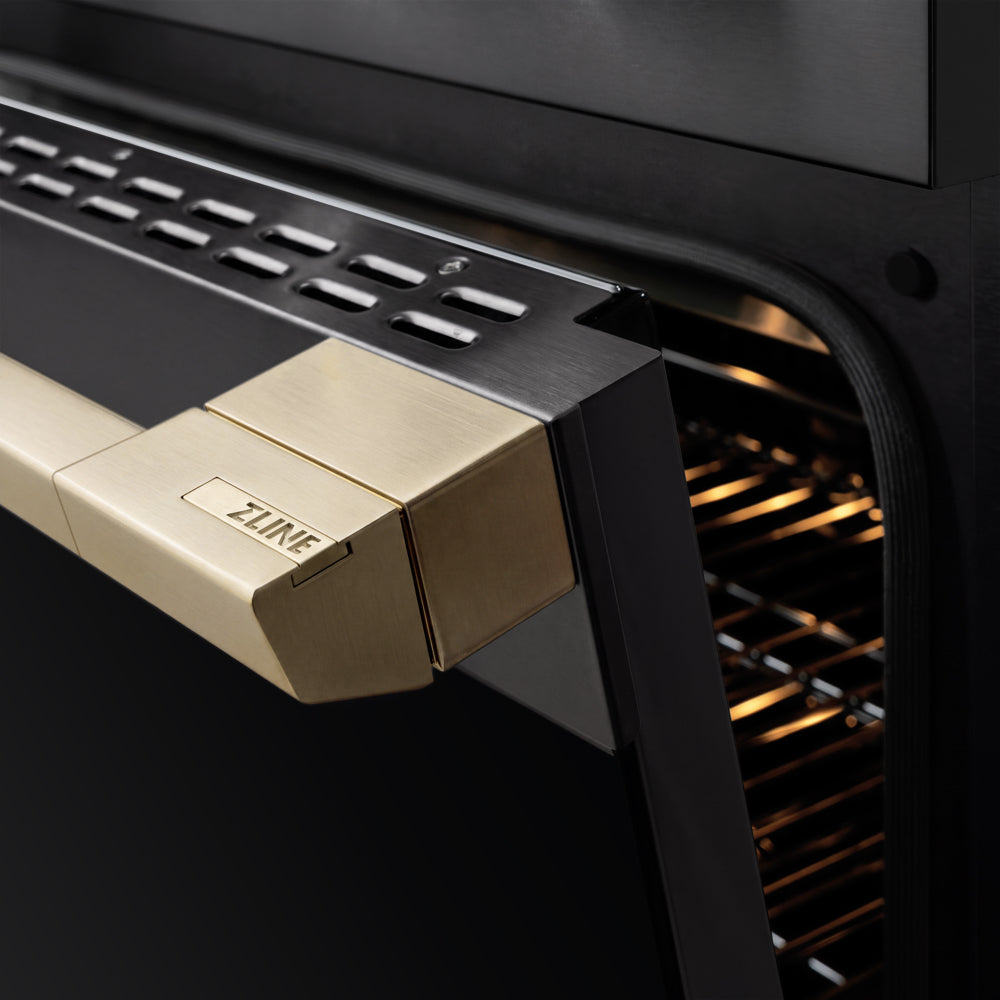ZLINE Autograph 36 in. 5.2 cu. ft. Marino Induction Range with 5 Element Cooktop and Electric Convection Oven in Black Stainless Steel with Champagne Bronze Accents, MINRBZ-36-CB - Handle Detail