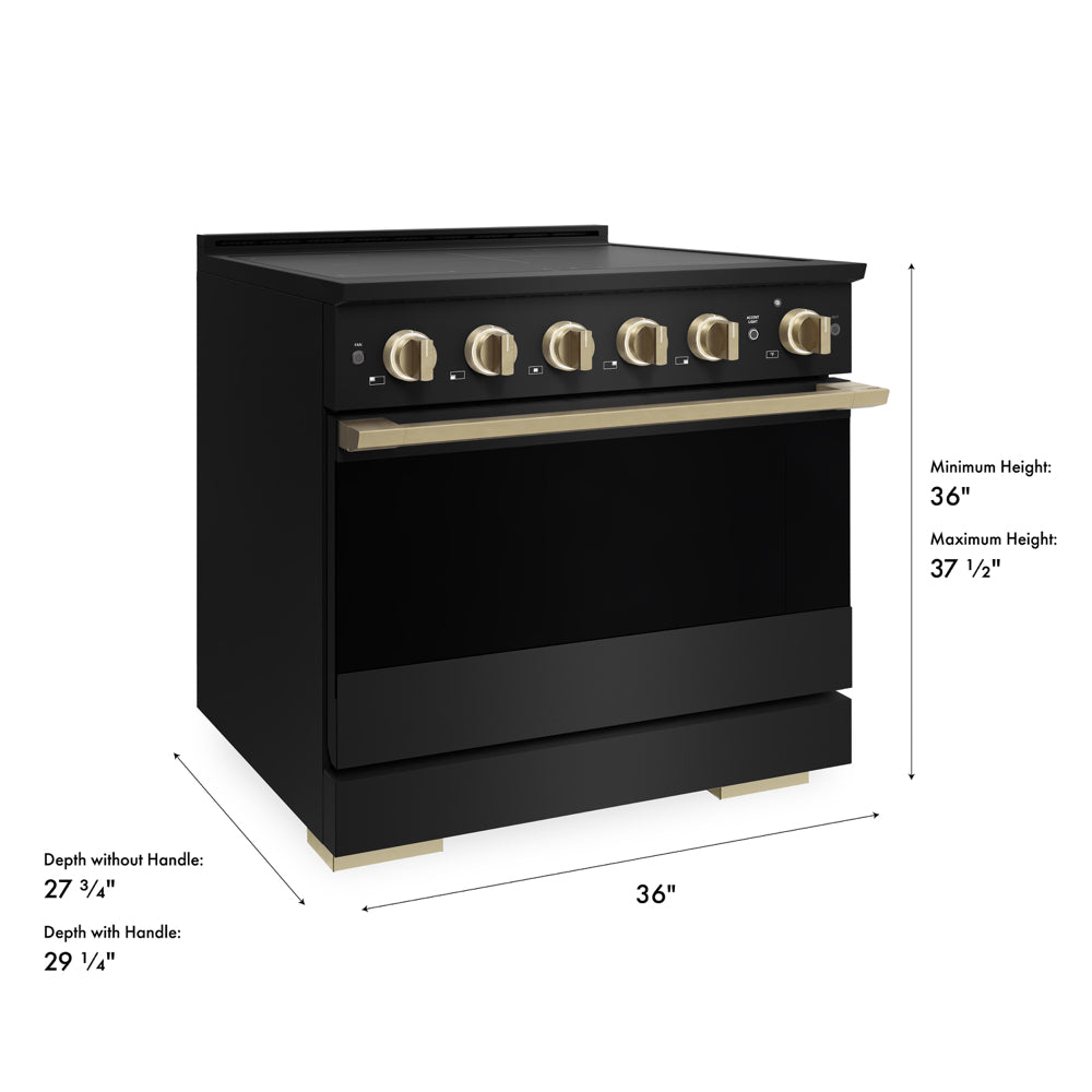 ZLINE Autograph 36 in. 5.2 cu. ft. Marino Induction Range with 5 Element Cooktop and Electric Convection Oven in Black Stainless Steel with Champagne Bronze Accents, MINRBZ-36-CB - Dimensions Diagram