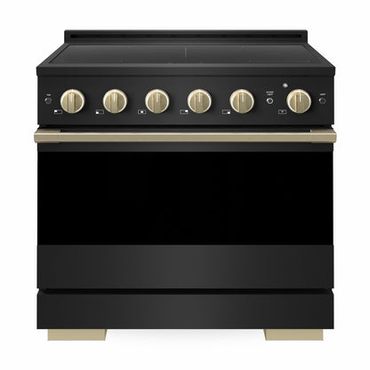 ZLINE Autograph 36 in. 5.2 cu. ft. Marino Induction Range with 5 Element Cooktop and Electric Convection Oven in Black Stainless Steel with Champagne Bronze Accents, MINRBZ-36-CB - Front Hero View