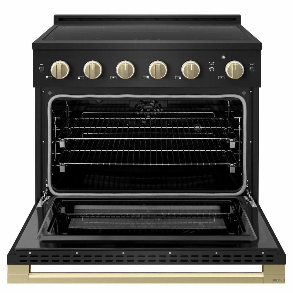 ZLINE Autograph 36 in. 5.2 cu. ft. Marino Induction Range with 5 Element Cooktop and Electric Convection Oven in Black Stainless Steel with Champagne Bronze Accents, MINRBZ-36-CB - Front View with Oven Door Open