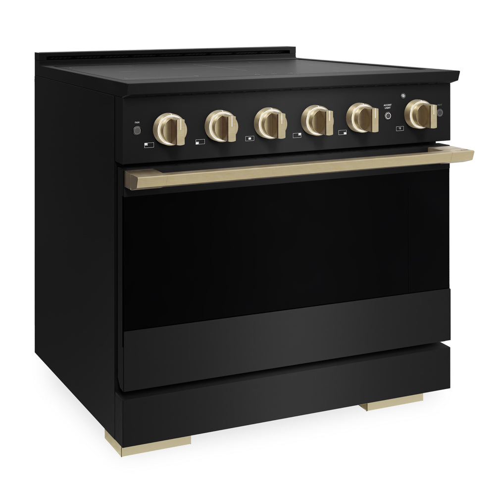 ZLINE Autograph 36 in. 5.2 cu. ft. Marino Induction Range with 5 Element Cooktop and Electric Convection Oven in Black Stainless Steel with Champagne Bronze Accents, MINRBZ-36-CB - Side View