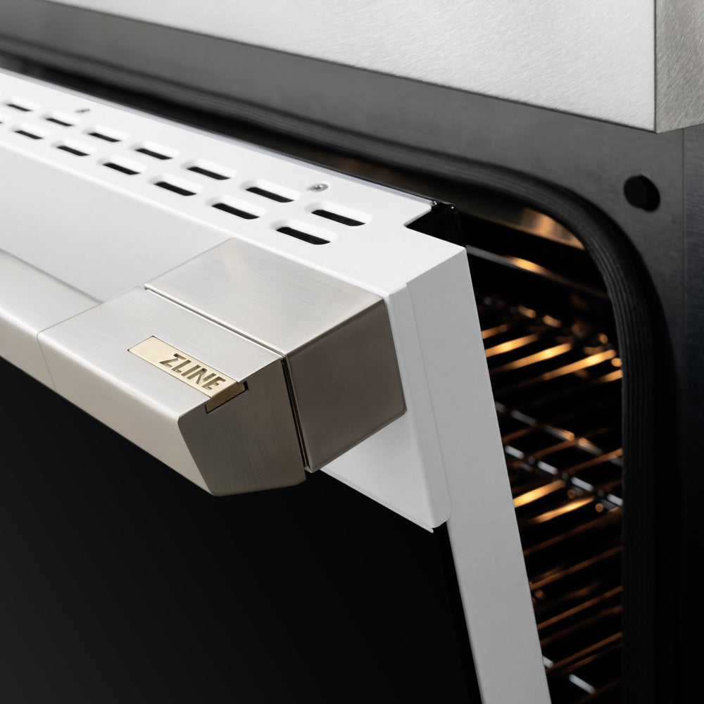 ZLINE 24 in. 3.2 cu. ft. Marino Induction Range with 3 Element Cooktop and Electric Convection Oven in Satin Stainless Steel with White Matte Door, MINRS-WM-24 - Handle Detail