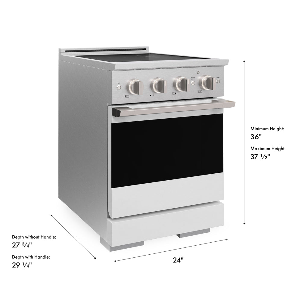 ZLINE 24 in. 3.2 cu. ft. Marino Induction Range with 3 Element Cooktop and Electric Convection Oven in Satin Stainless Steel with White Matte Door, MINRS-WM-24 - Dimensions Diagram