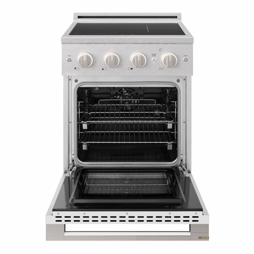 ZLINE 24 in. 3.2 cu. ft. Marino Induction Range with 3 Element Cooktop and Electric Convection Oven in Satin Stainless Steel with White Matte Door, MINRS-WM-24 - Front View with Oven Door Open
