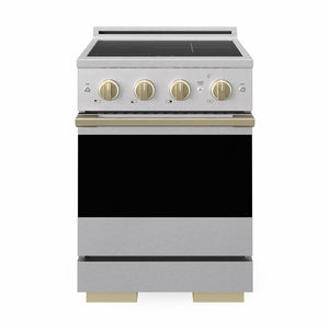 ZLINE Autograph 24 in. 3.2 cu. ft. Marino Induction Range with 3 Element Cooktop and Electric Convection Oven in Satin Stainless Steel with Champagne Bronze Accents, MINRSZ-24-CB - Front Hero View