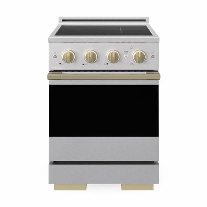 ZLINE Autograph 24 in. 3.2 cu. ft. Marino Induction Range with 3 Element Cooktop and Electric Convection Oven in Satin Stainless Steel with Champagne Bronze Accents, MINRSZ-24-CB - Front Hero View