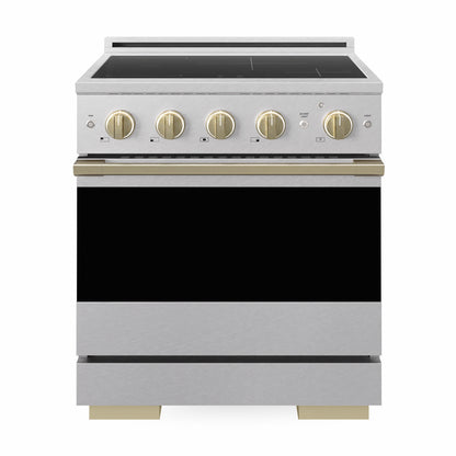 ZLINE Autograph 30 in. 4.2 cu. ft. Marino Induction Range with 4 Element Cooktop and Electric Convection Oven in Satin Stainless Steel with Champagne Bronze Accents, MINRSZ-30-CB - Front Hero View