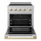 ZLINE Autograph 30 in. 4.2 cu. ft. Marino Induction Range with 4 Element Cooktop and Electric Convection Oven in Satin Stainless Steel with Champagne Bronze Accents, MINRSZ-30-CB - Front View with Oven Door Open
