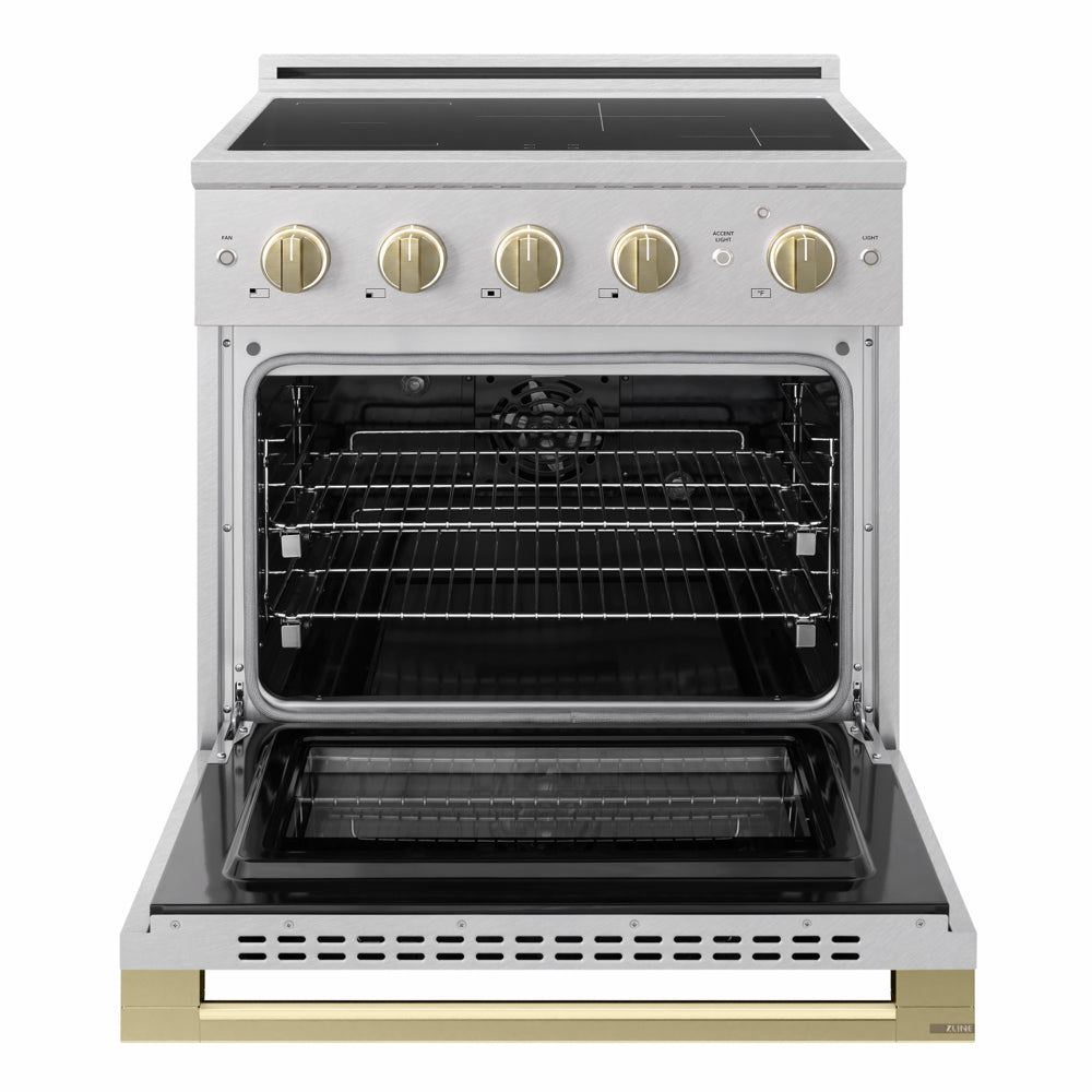 ZLINE Autograph 30 in. 4.2 cu. ft. Marino Induction Range with 4 Element Cooktop and Electric Convection Oven in Satin Stainless Steel with Champagne Bronze Accents, MINRSZ-30-CB - Front View with Oven Door Open