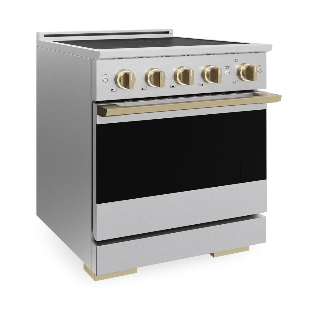 ZLINE Autograph 30 in. 4.2 cu. ft. Marino Induction Range with 4 Element Cooktop and Electric Convection Oven in Satin Stainless Steel with Champagne Bronze Accents, MINRSZ-30-CB - Side View