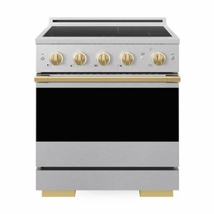 ZLINE Autograph Edition 30 in. 4.2 cu. ft. Marino Induction Range with 4 Element Cooktop and Electric Convection Oven in Satin Stainless Steel with Polished Gold Accents, MINRSZ-30-G
