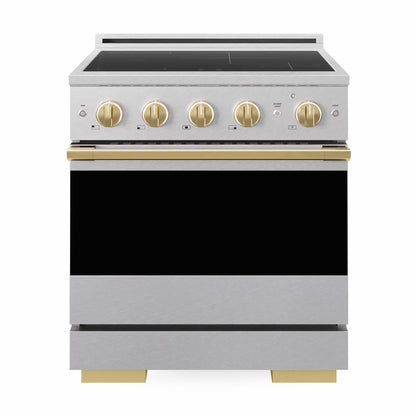 ZLINE Autograph Edition 30 in. 4.2 cu. ft. Marino Induction Range with 4 Element Cooktop and Electric Convection Oven in Satin Stainless Steel with Polished Gold Accents, MINRSZ-30-G