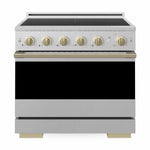 ZLINE Autograph 36 in. 5.2 cu. ft. Marino Induction Range with 5 Element Cooktop and Electric Convection Oven in Satin Stainless Steel with Champagne Bronze Accents, MINRSZ-36-CB - Front Hero View