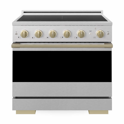 ZLINE Autograph 36 in. 5.2 cu. ft. Marino Induction Range with 5 Element Cooktop and Electric Convection Oven in Satin Stainless Steel with Champagne Bronze Accents, MINRSZ-36-CB - Front Hero View