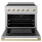 ZLINE Autograph 36 in. 5.2 cu. ft. Marino Induction Range with 5 Element Cooktop and Electric Convection Oven in Satin Stainless Steel with Champagne Bronze Accents, MINRSZ-36-CB - Front View with Oven Door Open