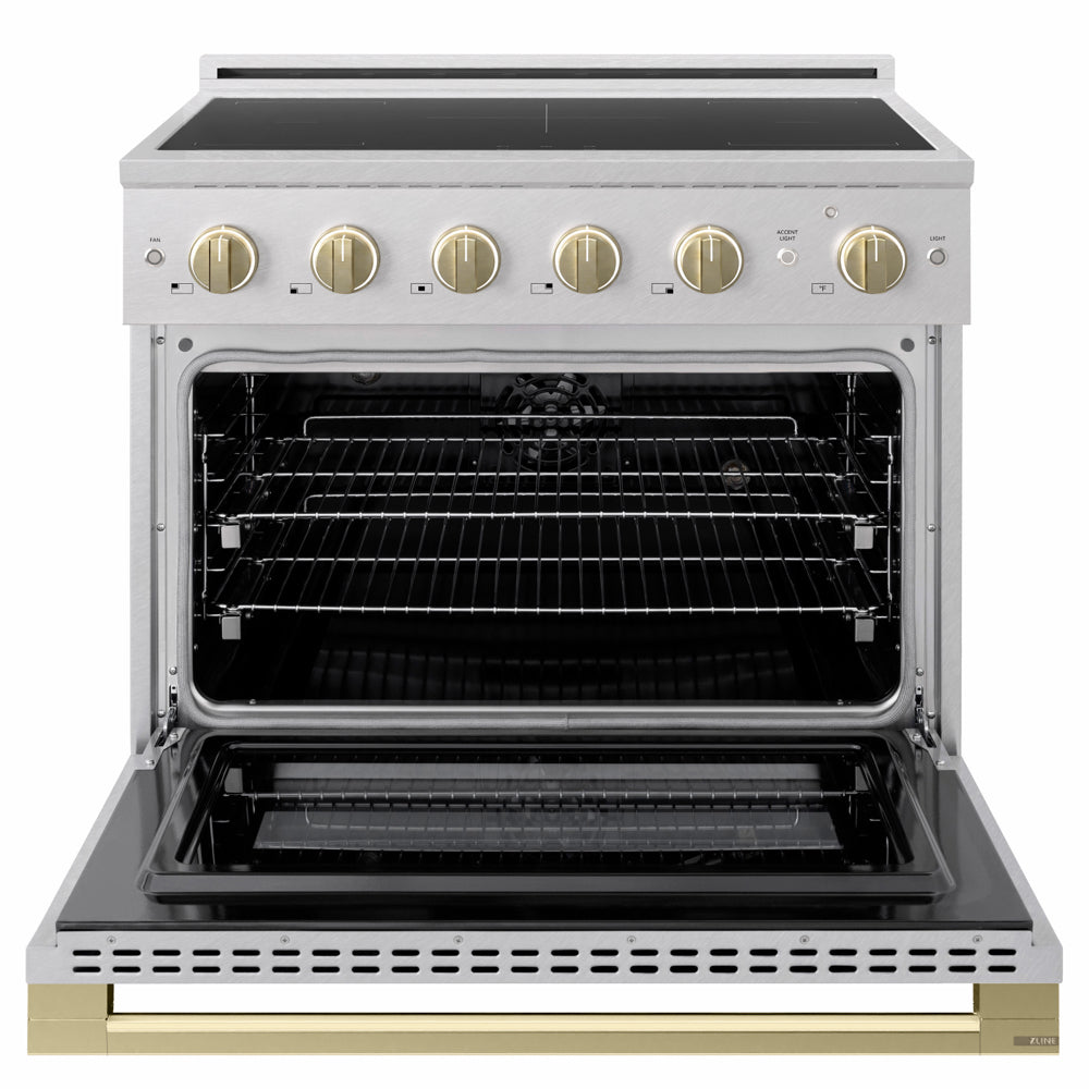 ZLINE Autograph 36 in. 5.2 cu. ft. Marino Induction Range with 5 Element Cooktop and Electric Convection Oven in Satin Stainless Steel with Champagne Bronze Accents, MINRSZ-36-CB - Front View with Oven Door Open