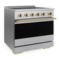 ZLINE Autograph 36 in. 5.2 cu. ft. Marino Induction Range with 5 Element Cooktop and Electric Convection Oven in Satin Stainless Steel with Champagne Bronze Accents, MINRSZ-36-CB - Side View