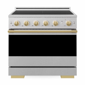 ZLINE Autograph Edition 36 in. 5.2 cu. ft. Marino Induction Range with 5 Element Cooktop and Electric Convection Oven in Satin Stainless Steel with Polished Gold Accents, MINRSZ-36-G