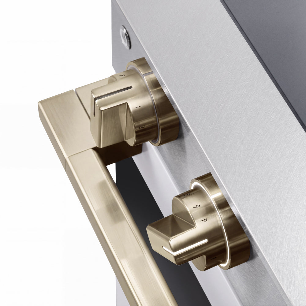 ZLINE Autograph 24 in. 3.2 cu. ft. Marino Induction Range with 3 Element Cooktop and Electric Convection Oven in Satin Stainless Steel with White Matte Door and Champagne Bronze Accents, MINRSZ-WM-24-CB - Knob Detail