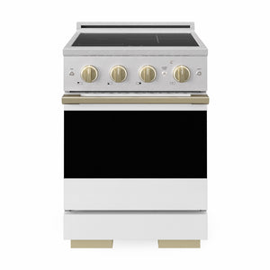 ZLINE Autograph 24 in. 3.2 cu. ft. Marino Induction Range with 3 Element Cooktop and Electric Convection Oven in Satin Stainless Steel with White Matte Door and Champagne Bronze Accents, MINRSZ-WM-24-CB - Front Hero View