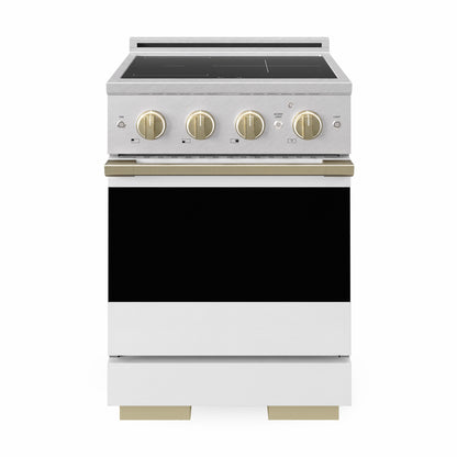 ZLINE Autograph 24 in. 3.2 cu. ft. Marino Induction Range with 3 Element Cooktop and Electric Convection Oven in Satin Stainless Steel with White Matte Door and Champagne Bronze Accents, MINRSZ-WM-24-CB - Front Hero View